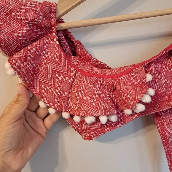 ASOS DESIGN jacquard pom pom frill beach red and white top size 2 - Picture 4 of 8